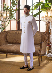 Pearl White Jacquard Fabric Pakistani Groom Sherwani