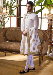 Pearl White Woven Jacquard Fabric Pakistani Groom Sherwani