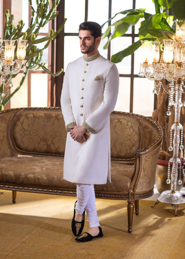 Pearl White Woven Jacquard Pakistani Groom Sherwani