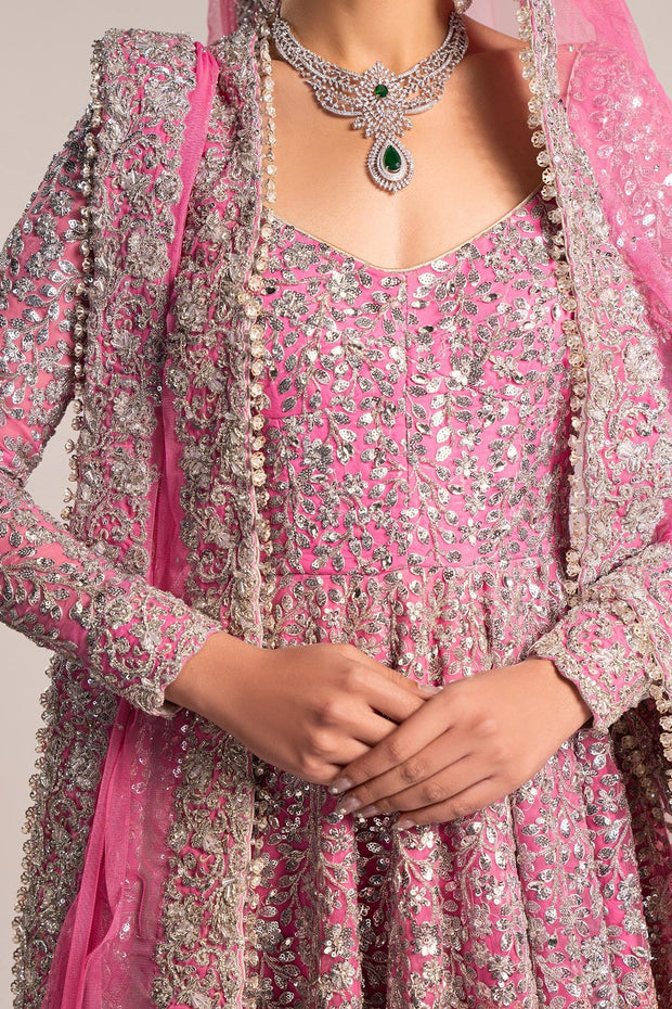 Pink Pakistani Bridal Dress in Pishwas Frock Lehenga Style