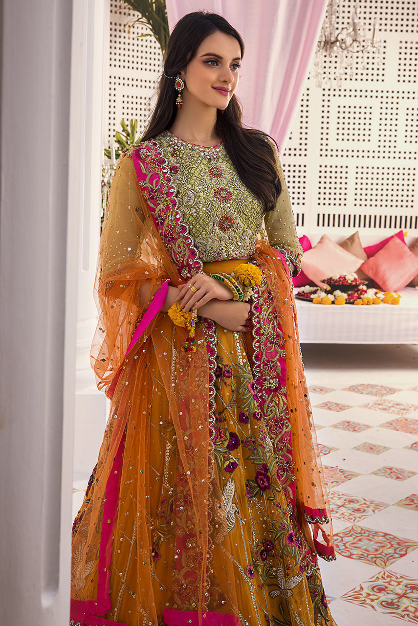 Pink Yellow Lehenga Choli for Pakistani Mehndi Dresses – Nameera by Farooq