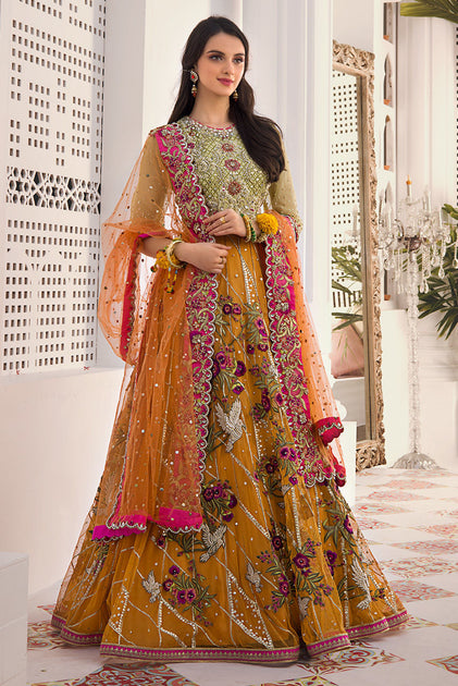 Pink Yellow Lehenga Choli for Pakistani Mehndi Dresses – Nameera by Farooq