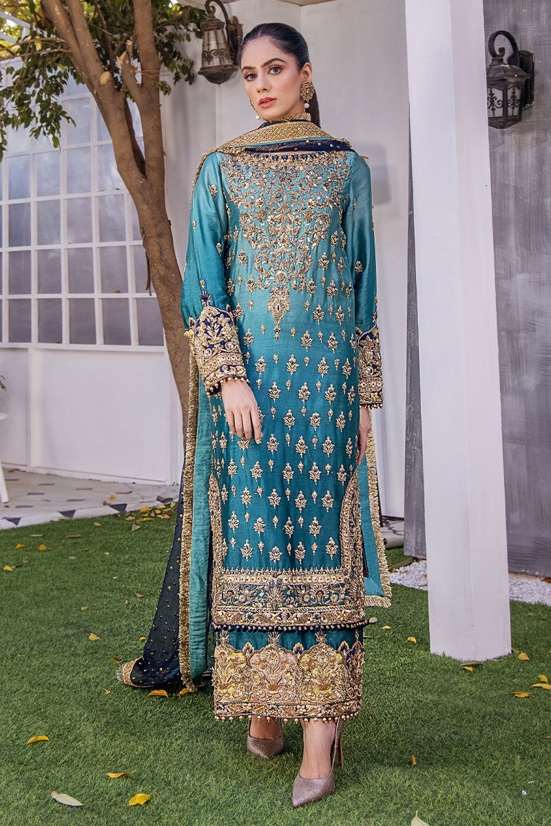 Premium Embroidered Pakistani Wedding Dress in Blue – Nameera by Farooq