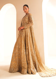 Premium Gold Pakistani Bridal Dress in Gown and Lehenga Style