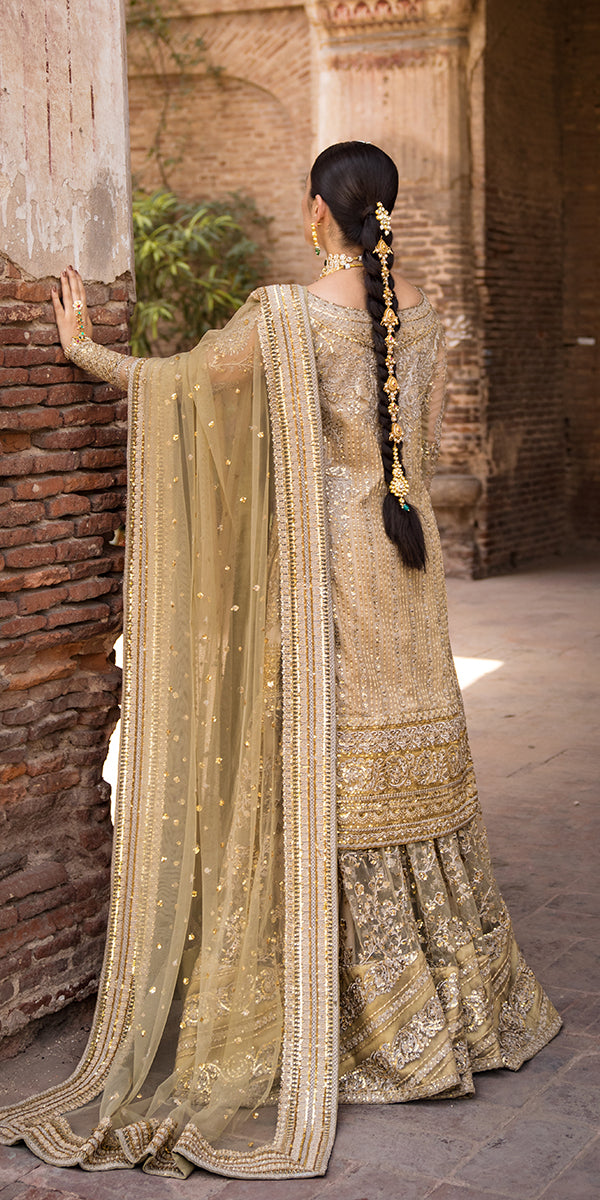 Premium Golden Gharara Kameez Dupatta Pakistani Wedding Dress