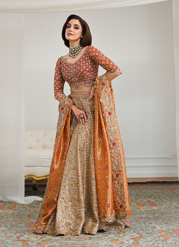 Premium Golden Lehenga and Red Choli Pakistani Bridal Dress