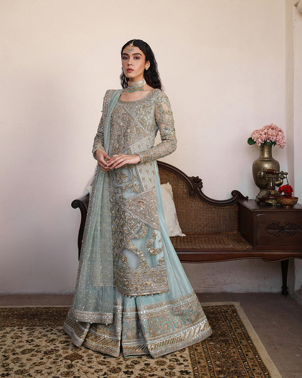 Premium Ice Blue Kameez Sharara Style Pakistani Wedding Dress