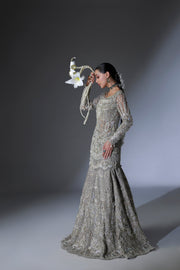 Premium Net Pakistani Bridal Dress in Grey Lehenga Shirt Style