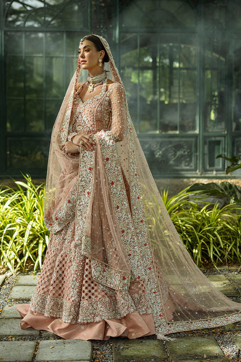 Premium Pakistani Bridal Dress in Peach Lehenga Kameez Style