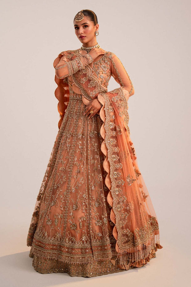 Premium Pakistani Bridal Dress in Peach Lehenga Pishwas Style