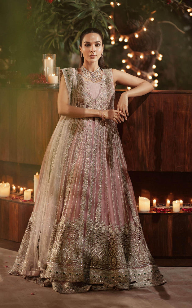 Premium Pakistani Bridal Dress in Pink Open Gown Lehenga Style