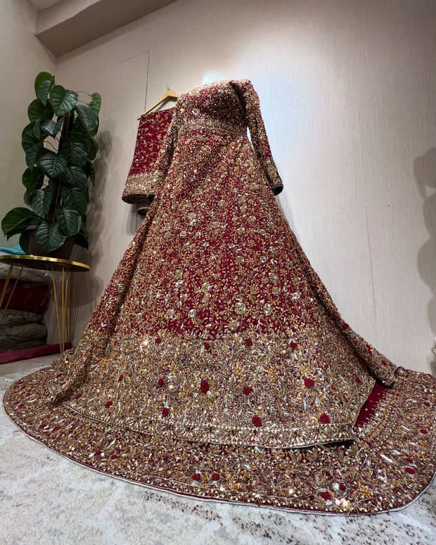 Premium Pakistani Bridal Dress in Pishwas and Red Lehenga Style