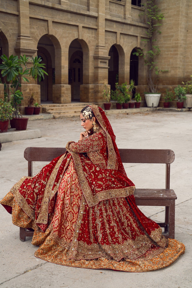 Premium Pakistani Bridal Dress in Red Open Gown Lehenga Style