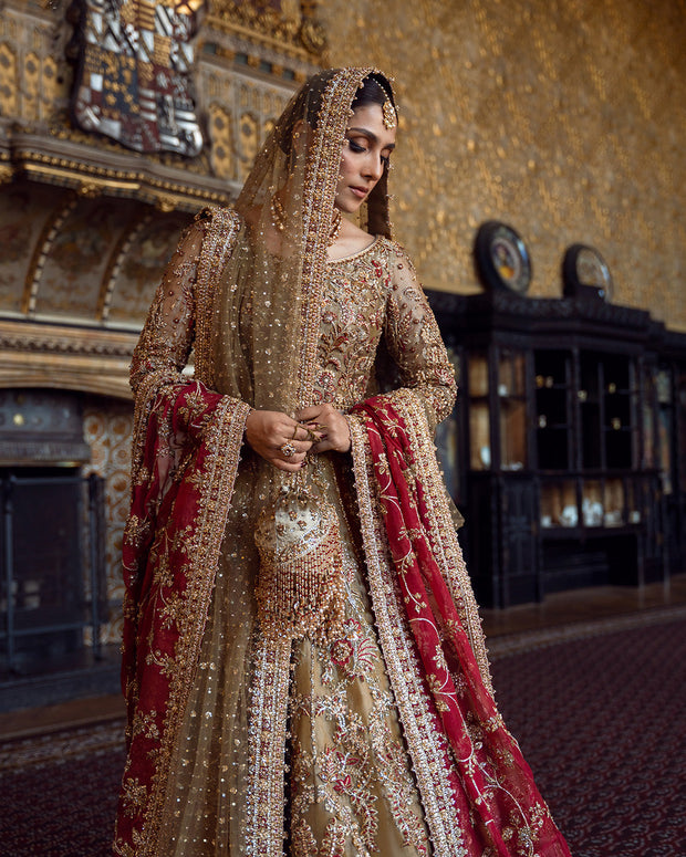 Premium Pakistani Bridal Dress in Tissue Lehenga Choli Style