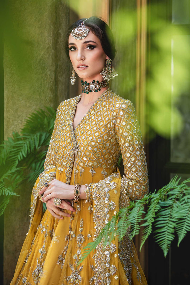 Premium Pakistani Bridal Mehndi Dress in Angrakha Lehenga Style