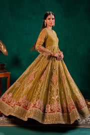 Premium Pakistani Wedding Dress in Mustard Green Pishwas Style