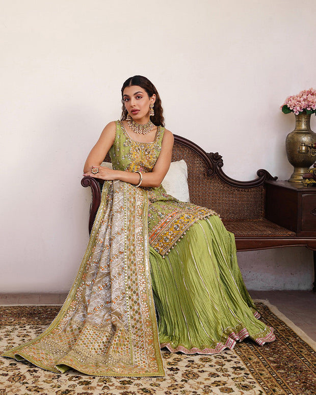 Premium Pakistani Wedding Dress in Parrot Green Sharara Style