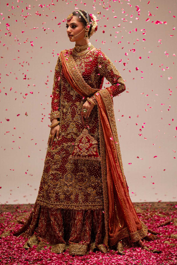 Premium Red Pakistani Bridal Dress in Kameez and Gharara Style