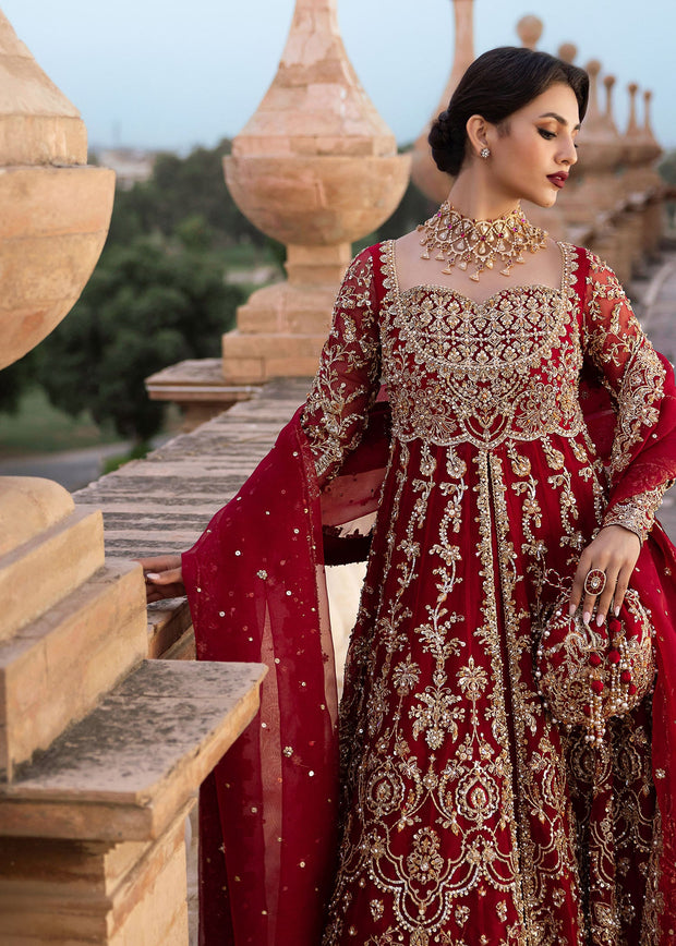 Premium Red Pakistani Bridal Dress in Lehenga and Pishwas Style