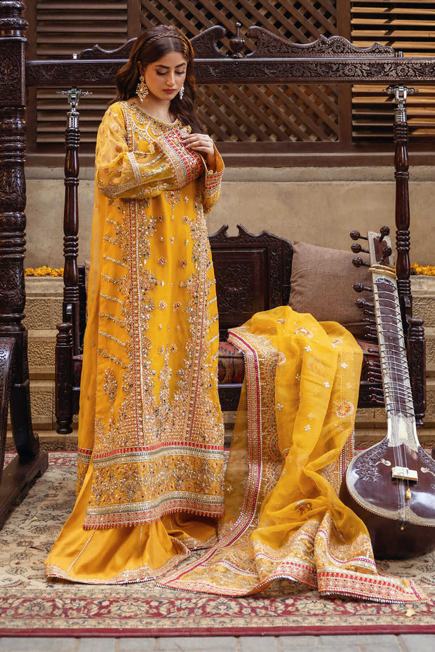 Premium Yellow Embroidered Pakistani Wedding Dress Kameez Trousers