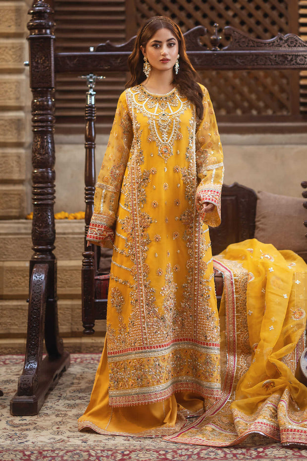 Premium Yellow Tilla Embroidered Pakistani Wedding Dress Kameez Trousers