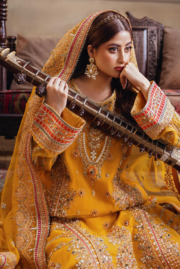 Premium Yellow Tilla Pakistani Wedding Dress Kameez Trousers