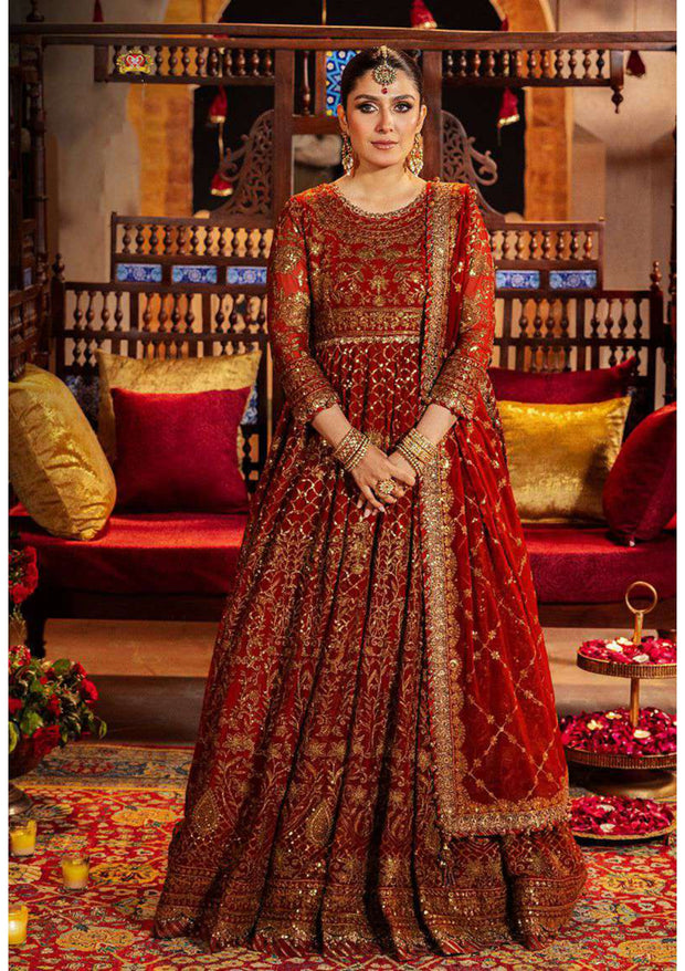 Red Classic Embroidered Pakistani Wedding Dress in Long Frock Style