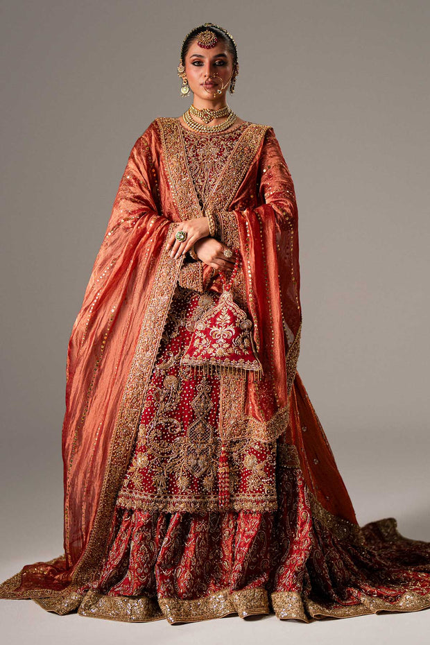 Red Pakistani Bridal Dress in Kameez and Gharara Style