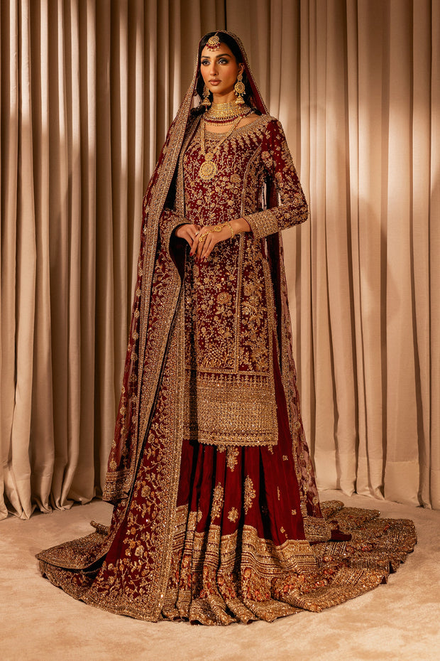 Red Pakistani Bridal Dress in Kameez and Lehenga Style