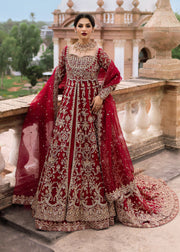 Red Pakistani Bridal Dress in Lehenga and Pishwas Style