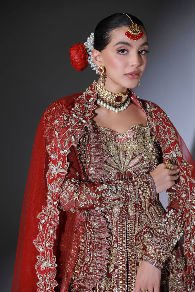 Red Pakistani Bridal Dress in Open Gown Lehenga Style Online