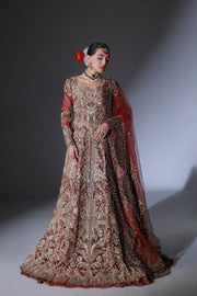 Red Pakistani Bridal Dress in Open Gown Lehenga Style