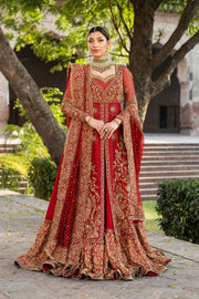 Red Pakistani Bridal Dress in Open Kameez Lehenga Style