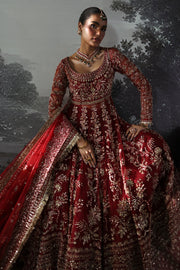 Red Pakistani Bridal Dress in Peshwas Lehenga Style