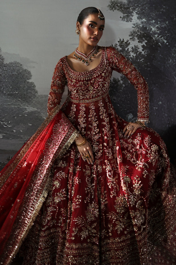 Red Pakistani Bridal Dress in Peshwas Lehenga Style