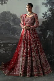 Red Pakistani Bridal Dress in Peshwas and Lehenga Style