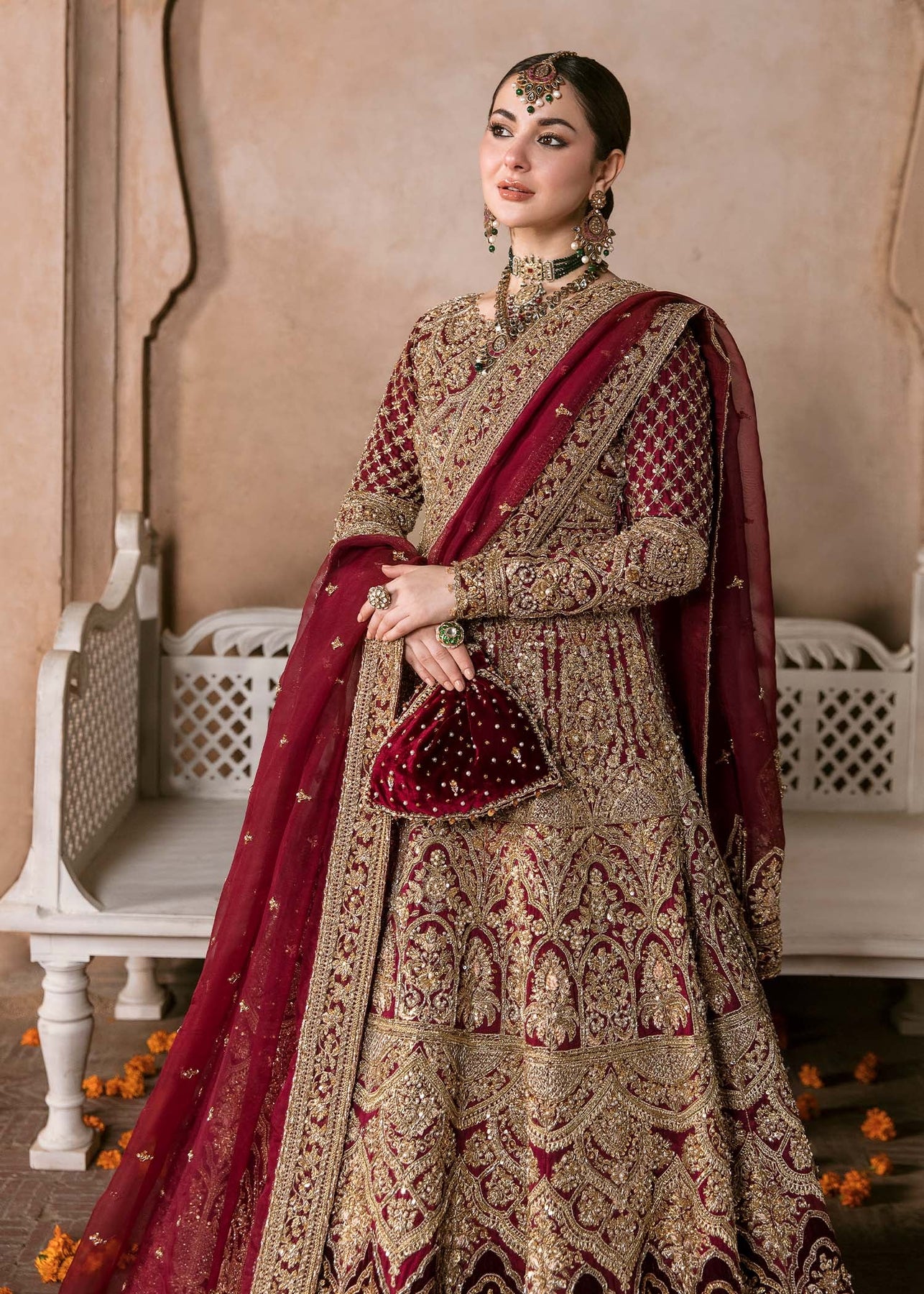 Red Pakistani Bridal Dress in Pishwas and Dupatta Style – Nameera by Farooq