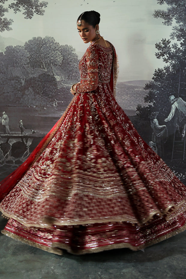 Red Pakistani Bridal Dress in Pishwas and Lehenga Style