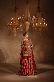 Red Pakistani Bridal Outfit in Gharara and Kameez Style