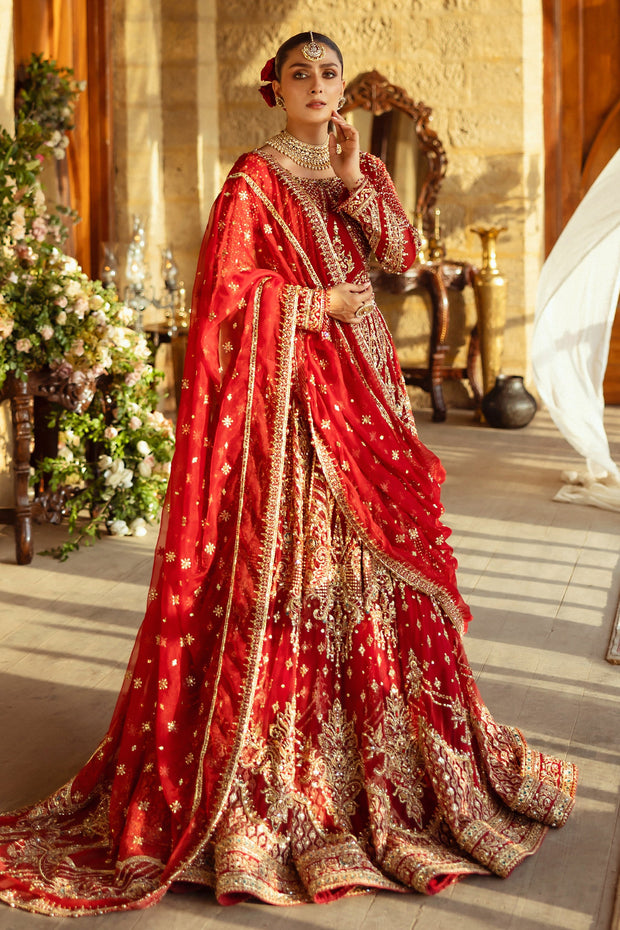 Red Pakistani Bridal Outfit in Lehenga Choli Style