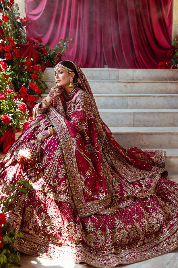 Red Pakistani Bridal Outfit in Lehenga Frock Style Online