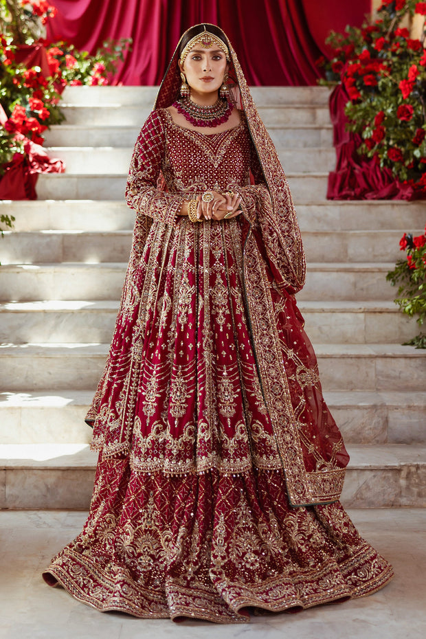 Red Pakistani Bridal Outfit in Lehenga Frock Style