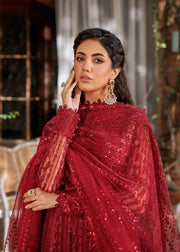 Red Pakistani Party Dress in Kameez Dupatta and Sharara Style