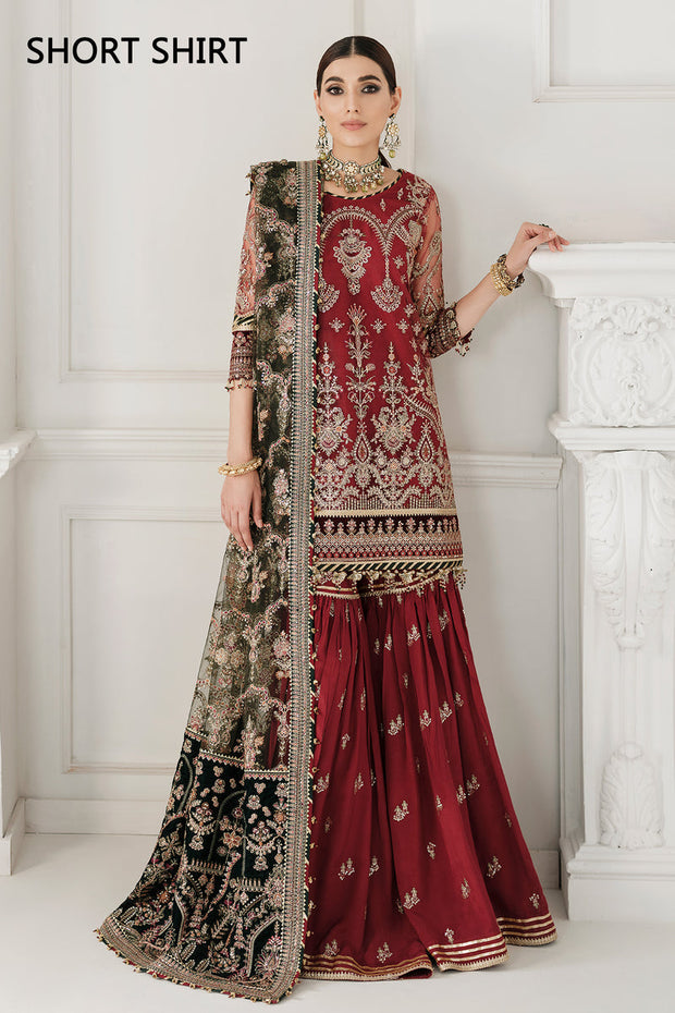 Red Pakistani Party Dress in Kameez and Gharara Dupatta Style