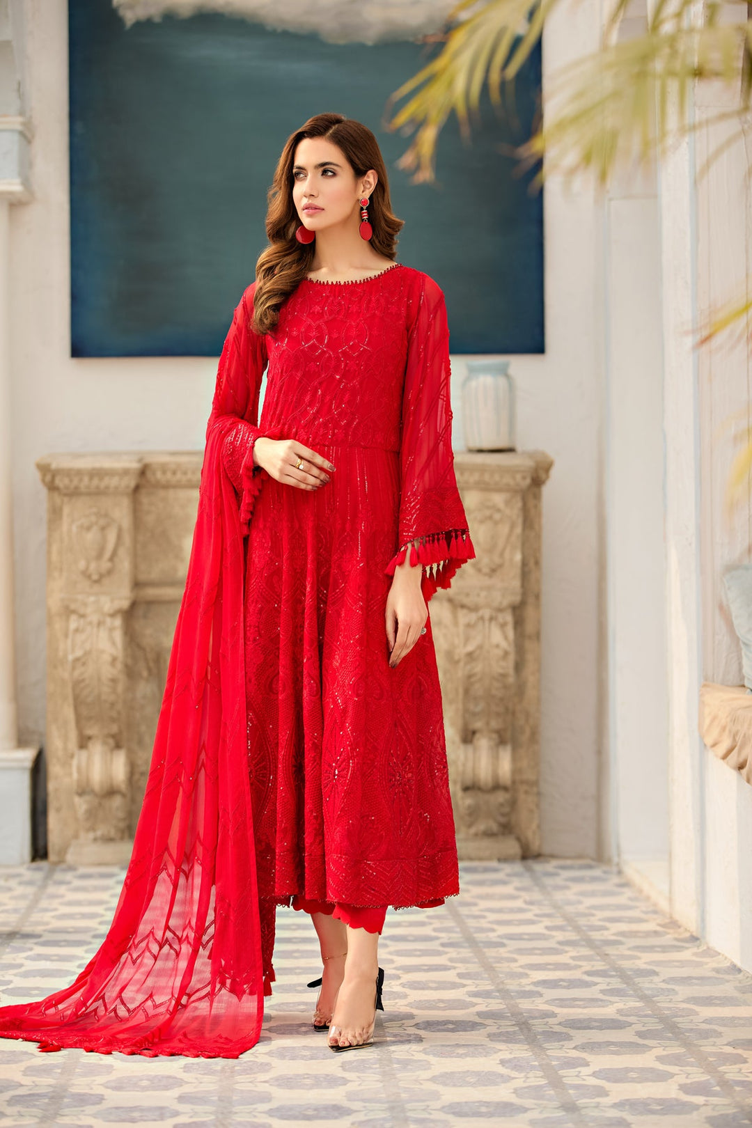 Rose Red Embroidered Pakistani Frock Dupatta Party Dress Nameera by Farooq