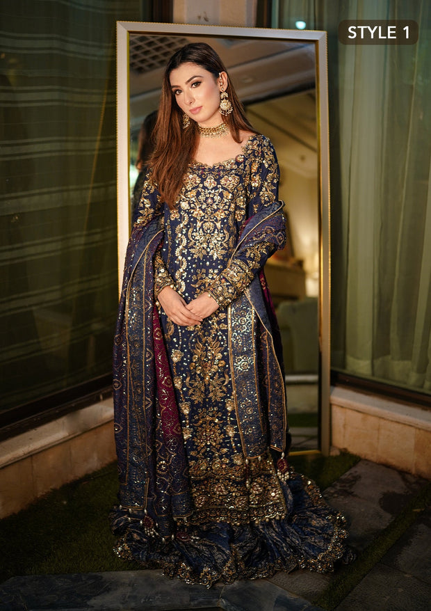 Royal Blue Embroidered Pakistani Wedding Dress Kameez Gharara Style