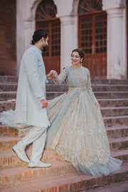 Ice Blue Wedding Lehenga and Pishwas Pakistani Bridal Dress