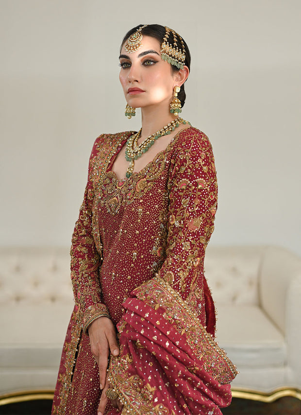 Royal Burgundy Pakistani Bridal Dress in Lehenga Kameez Style