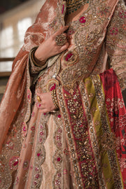 Royal Coral Peach Embroidered Pakistani Bridal Lehenga Pishwas