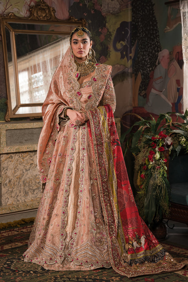 Royal Coral Peach Embroidered Pakistani Bridal Dress Lehenga Pishwas